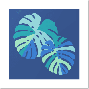 Monstera Leaves - Blue Posters and Art